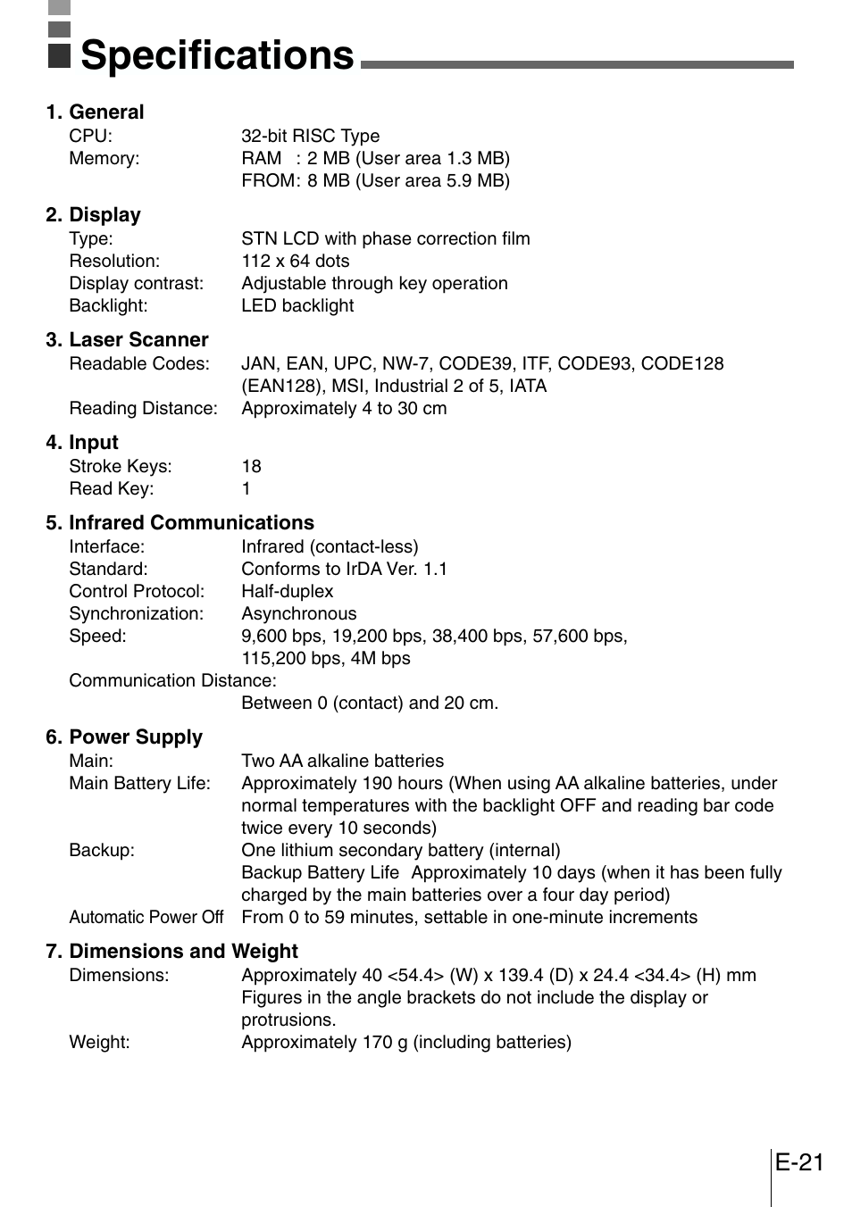 Specifications, E-21 | Casio DT-300M60E User Manual | Page 19 / 27