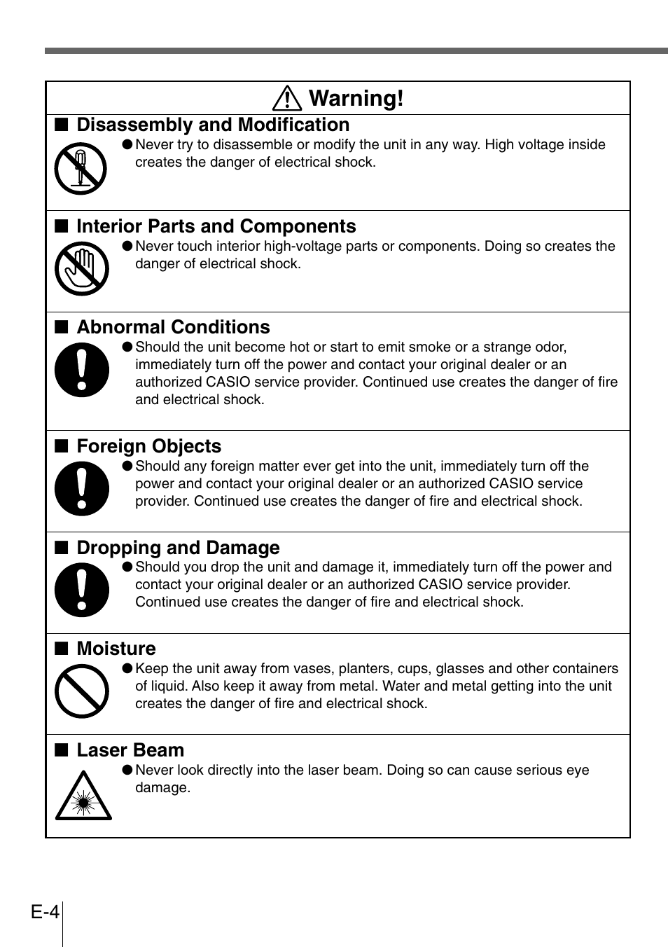 Warning, Disassembly and modification, Interior parts and components | Abnormal conditions, Foreign objects, Dropping and damage, Moisture, Laser beam | Casio DT-300M60E User Manual | Page 2 / 27