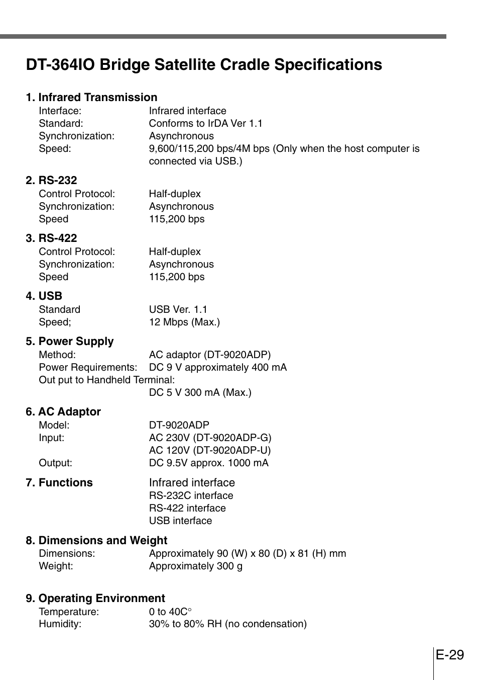 Dt-364io bridge satellite cradle specifications, E-29 | Casio DT-300M60E User Manual | Page 27 / 27