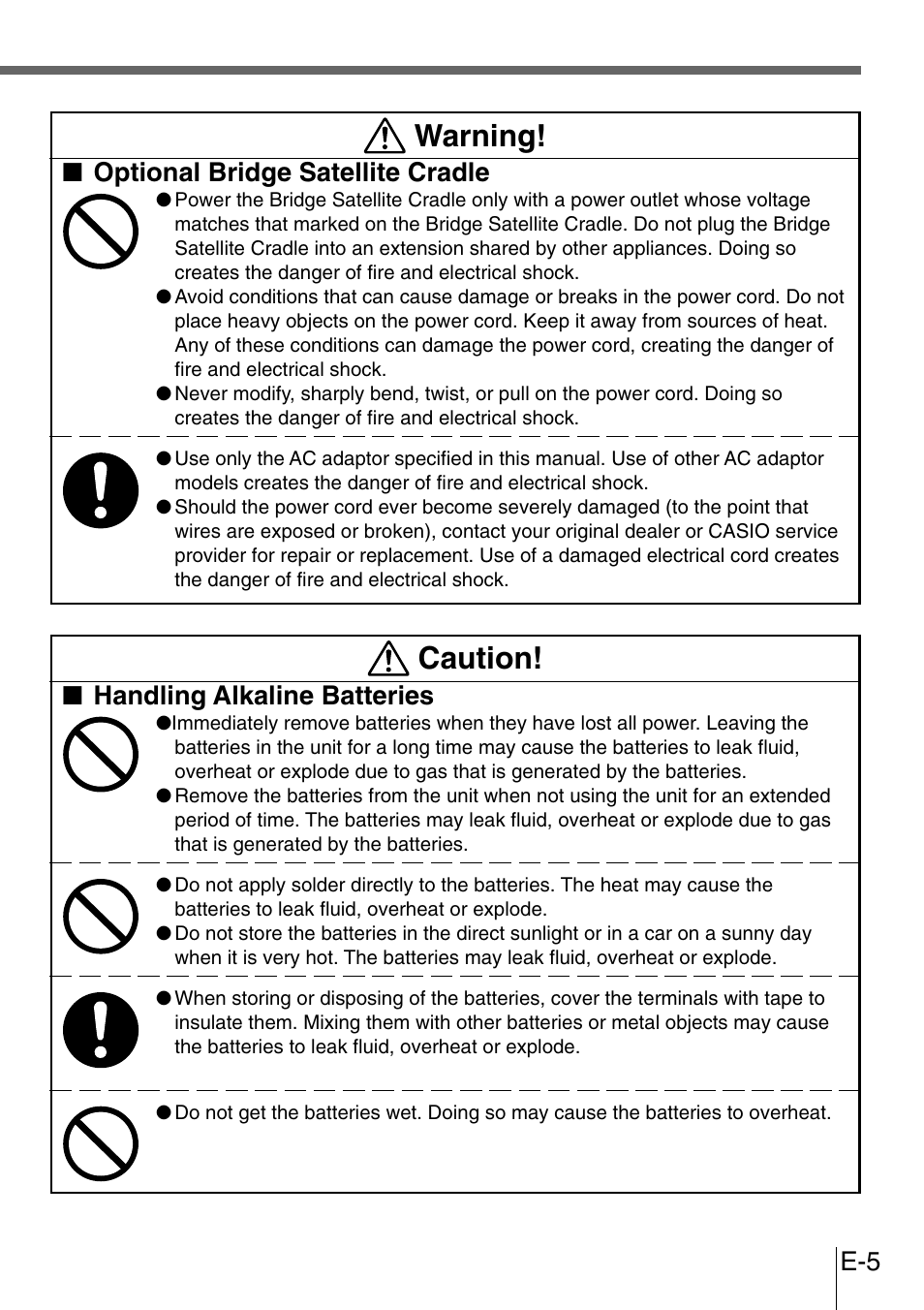 Warning, Caution, Optional bridge satellite cradle | Handling alkaline batteries | Casio DT-300M60E User Manual | Page 3 / 27