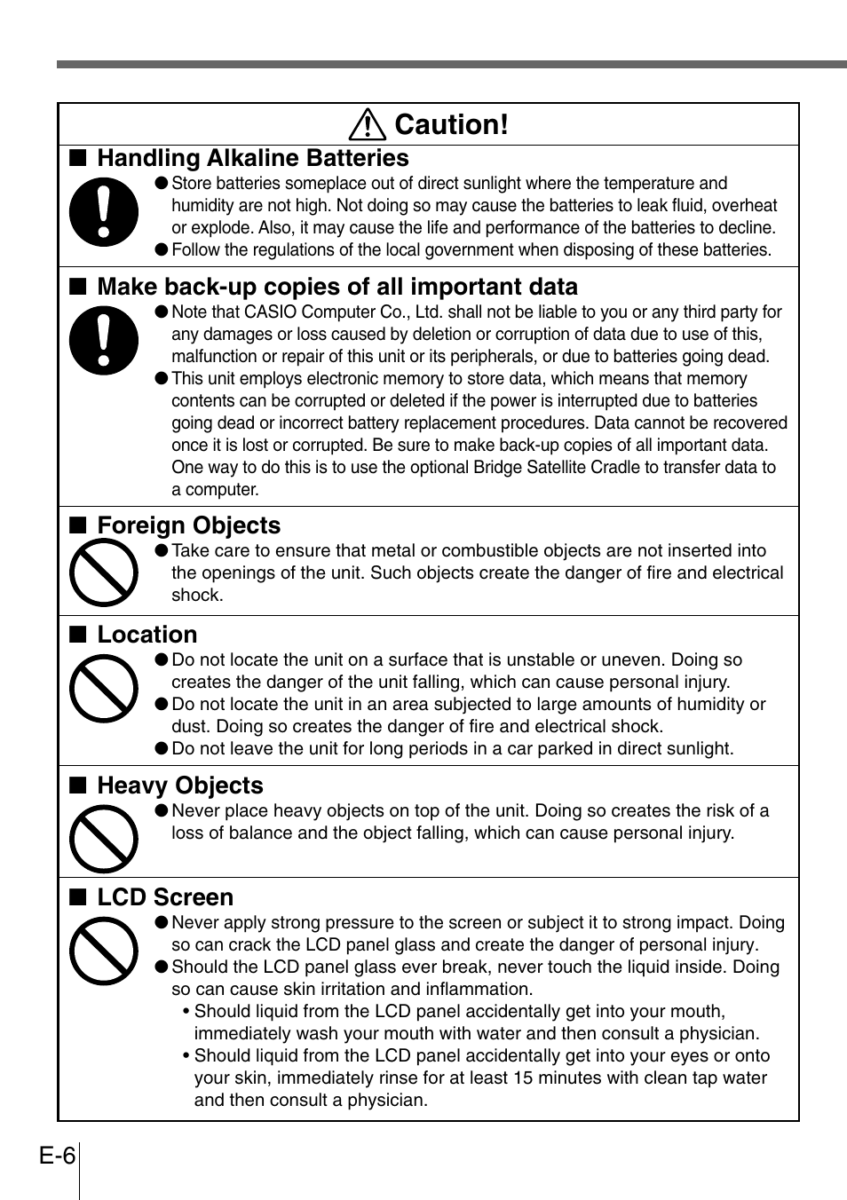 Caution, Handling alkaline batteries, Make back-up copies of all important data | Foreign objects, Location, Heavy objects, Lcd screen | Casio DT-300M60E User Manual | Page 4 / 27