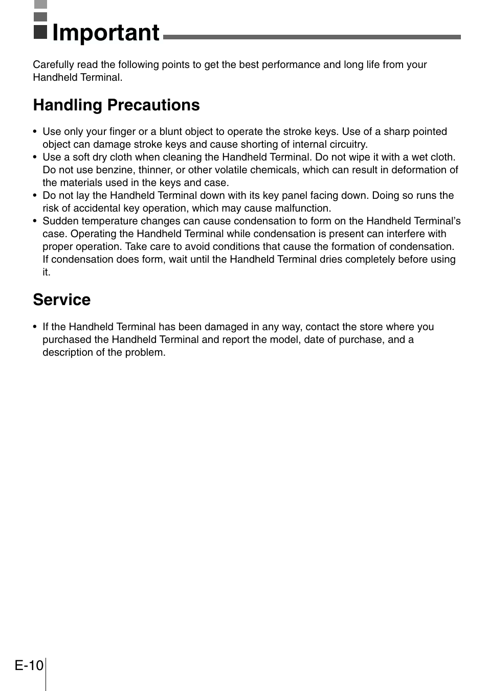 Important, Handling precautions, Service | Casio DT-300M60E User Manual | Page 8 / 27