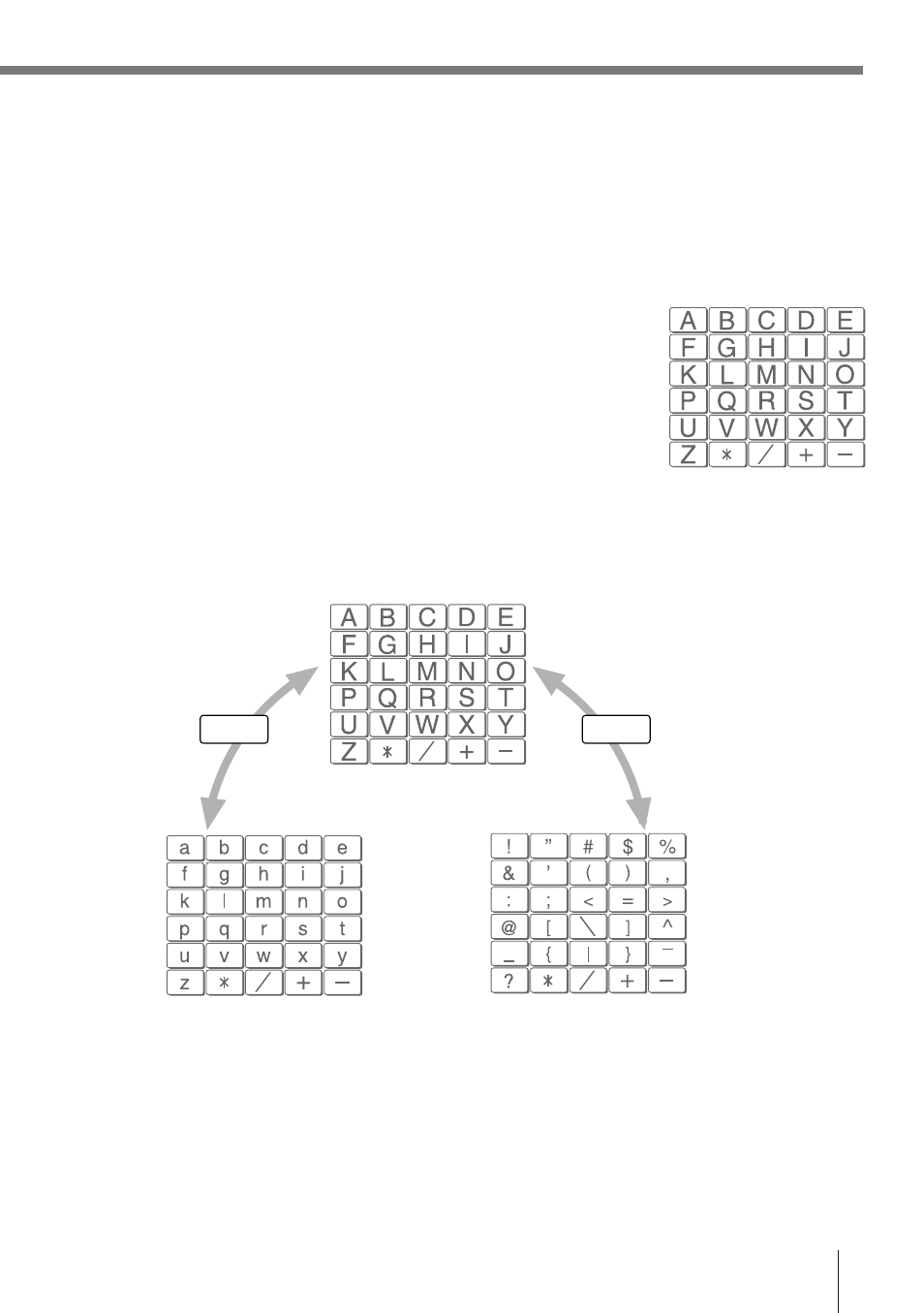 Touch panel keys, Inputting alpha characters and punctuation, Switching between alpha mode touch panel screens | Touch panel alignment, E-25 | Casio DT-810M50RC User Manual | Page 25 / 46