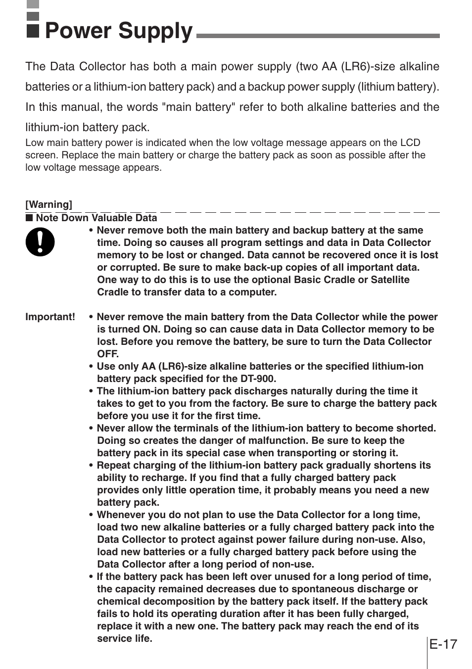 Power supply, E-17 | Casio DT-900 User Manual | Page 15 / 53