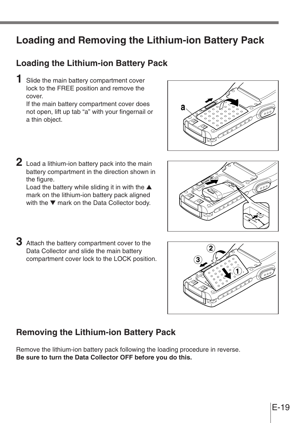 Loading and removing the lithium-ion battery pack | Casio DT-900 User Manual | Page 17 / 53