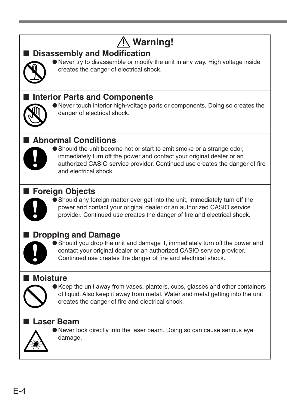 Warning, Disassembly and modification, Interior parts and components | Abnormal conditions, Foreign objects, Dropping and damage, Moisture, Laser beam | Casio DT-900 User Manual | Page 2 / 53