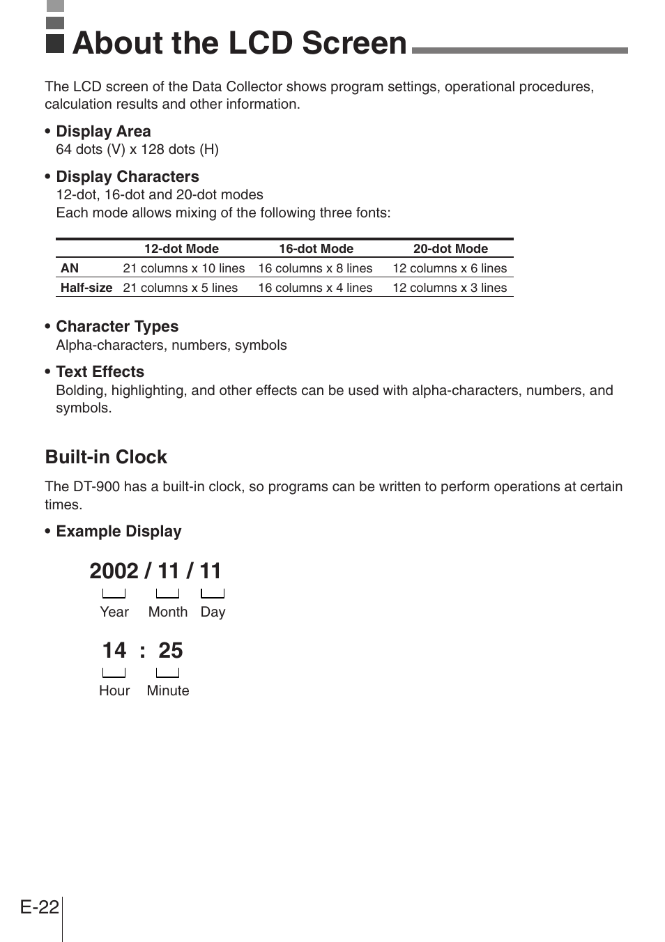 About the lcd screen, E-22, Built-in clock | Casio DT-900 User Manual | Page 20 / 53