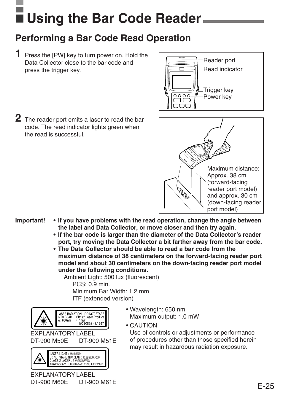 Using the bar code reader, Performing a bar code read operation, E-25 | Casio DT-900 User Manual | Page 23 / 53