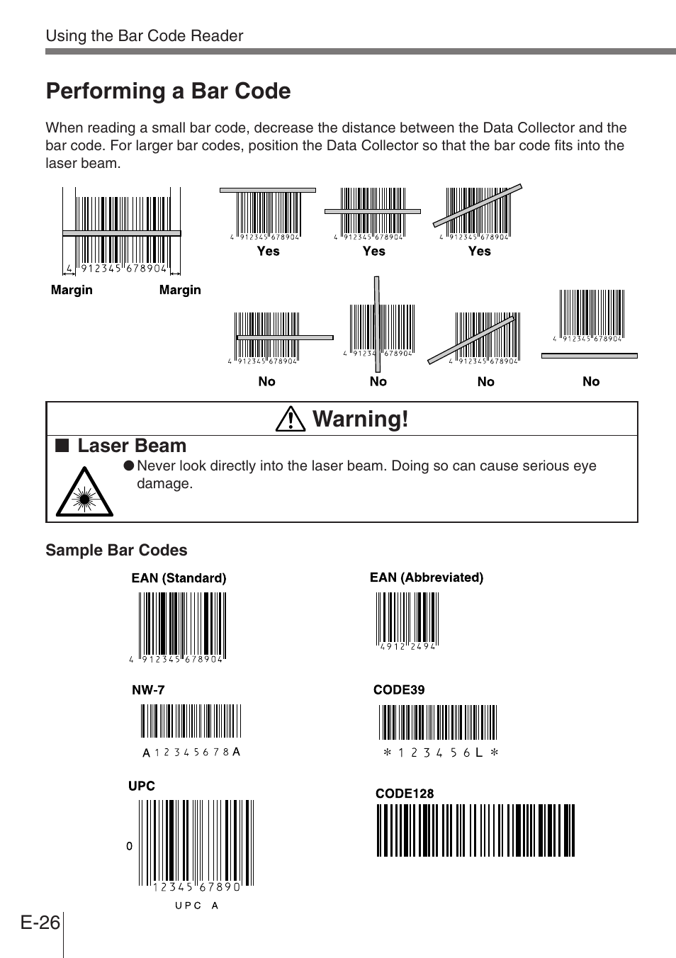 Performing a bar code, Warning | Casio DT-900 User Manual | Page 24 / 53