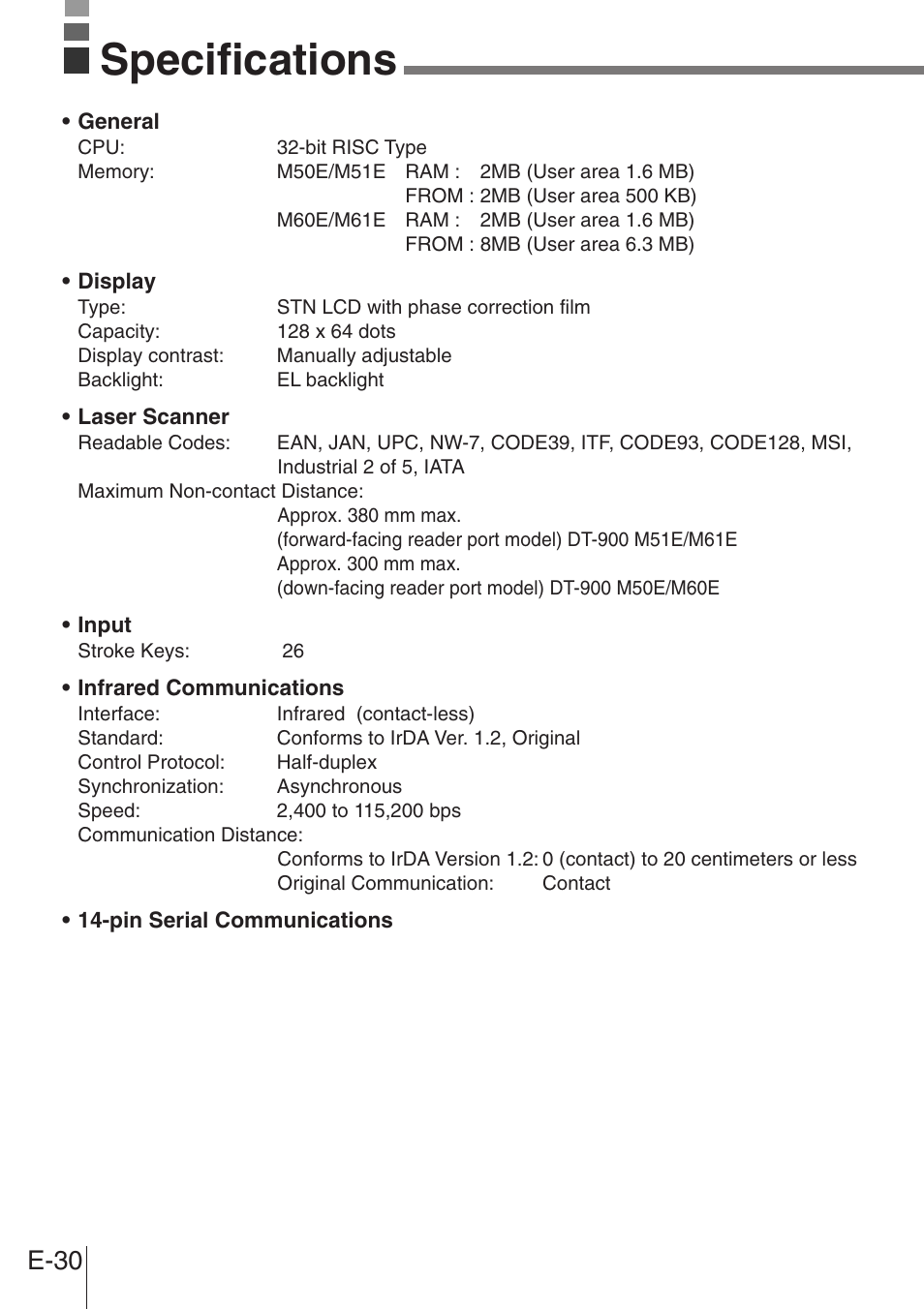 Specifications, E-30 | Casio DT-900 User Manual | Page 28 / 53