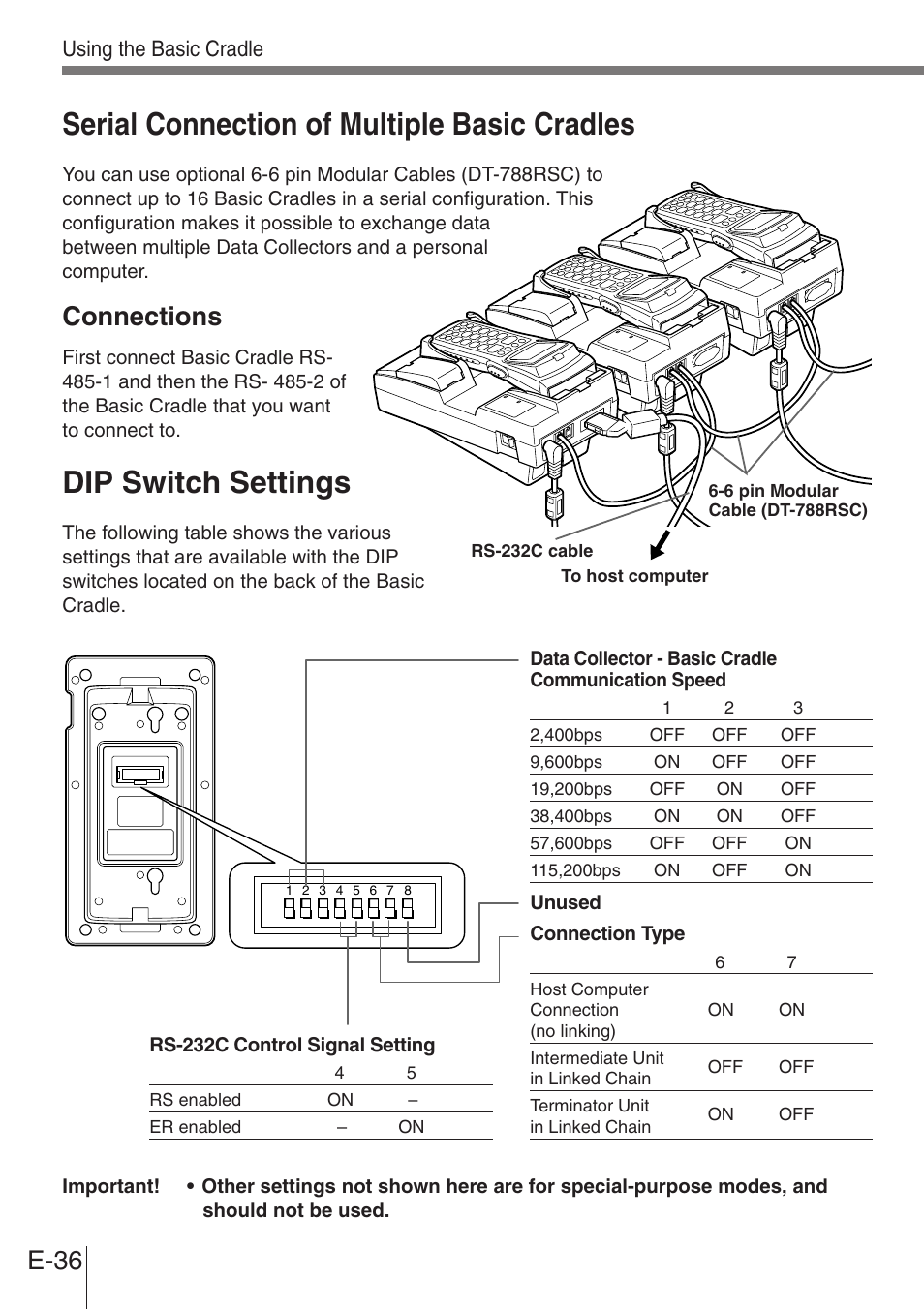 Serial connection of multiple basic cradles, Dip switch settings, E-36 | Connections | Casio DT-900 User Manual | Page 34 / 53