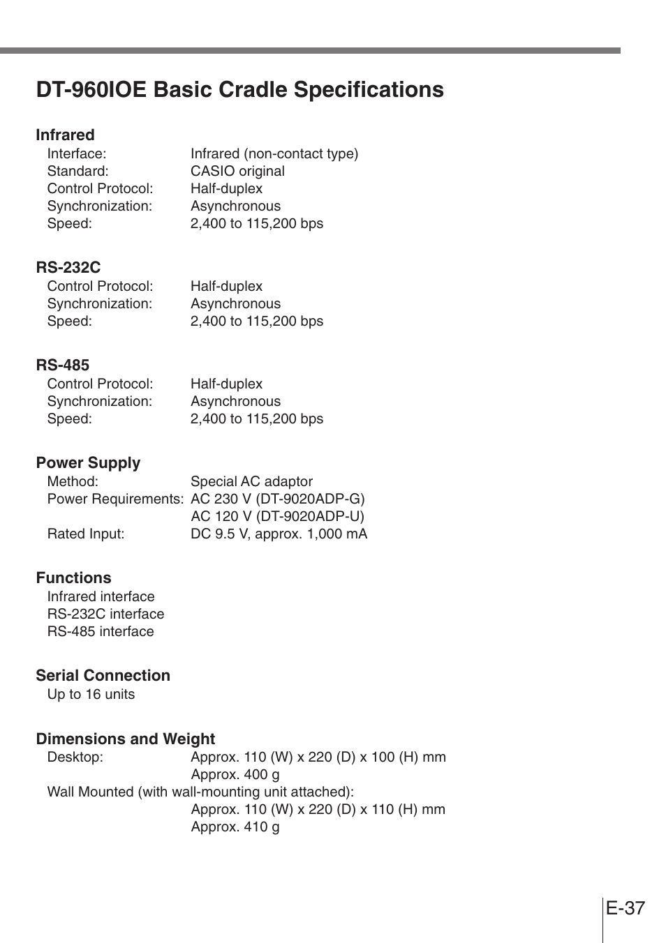 Dt-960ioe basic cradle specifications, E-37 | Casio DT-900 User Manual | Page 35 / 53