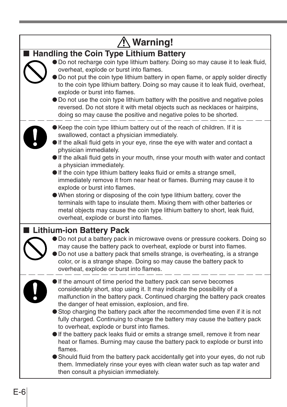 Warning, Handling the coin type lithium battery, Lithium-ion battery pack | Casio DT-900 User Manual | Page 4 / 53