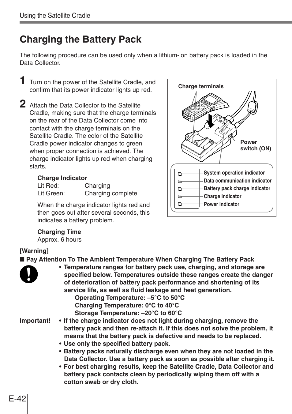 Charging the battery pack, E-42 | Casio DT-900 User Manual | Page 40 / 53