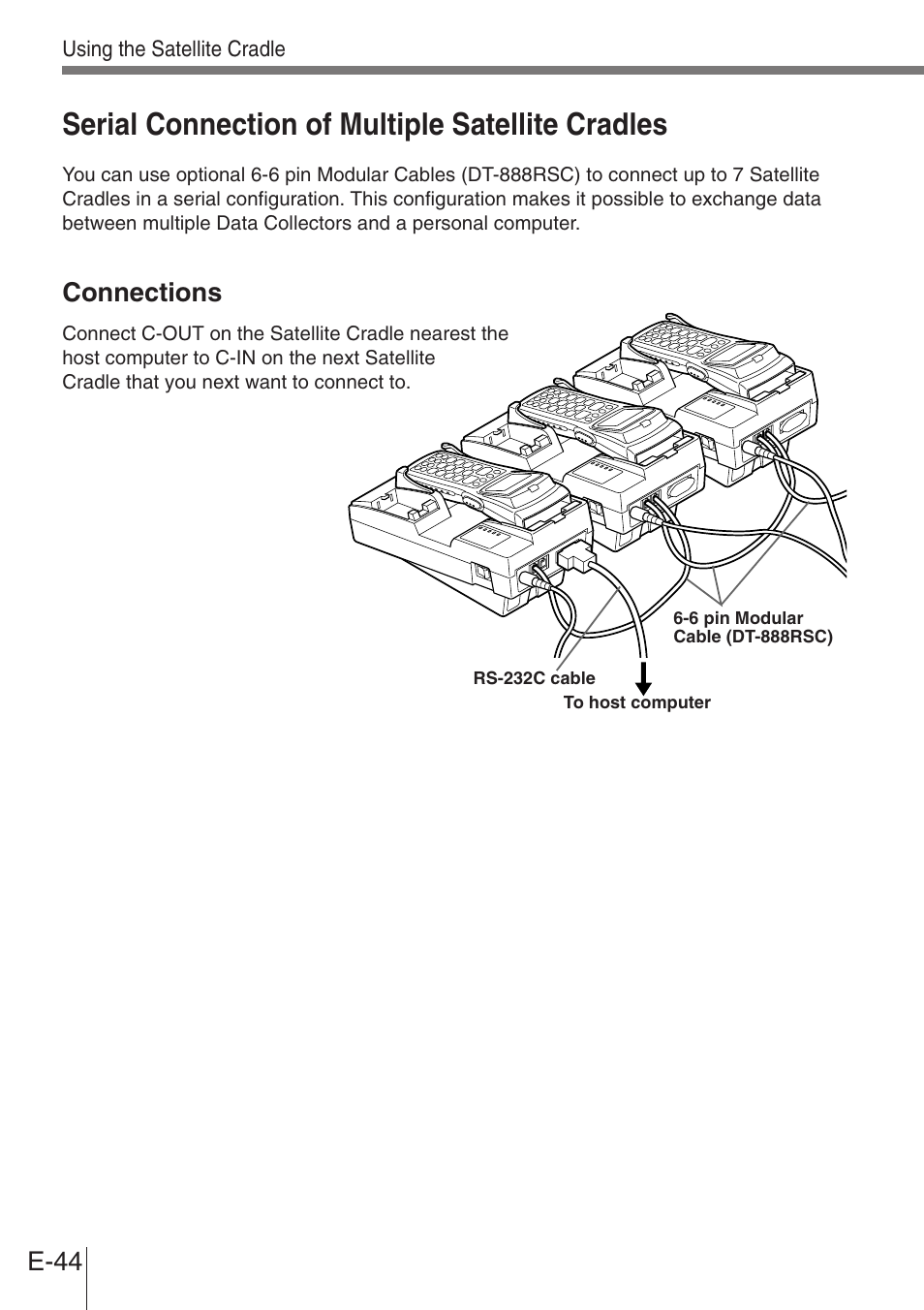 Serial connection of multiple satellite cradles, E-44, Connections | Casio DT-900 User Manual | Page 42 / 53