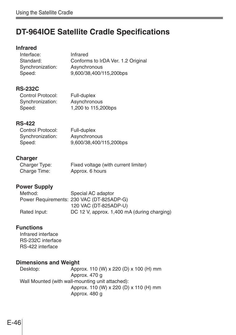 Dt-964ioe satellite cradle specifications, E-46 | Casio DT-900 User Manual | Page 44 / 53