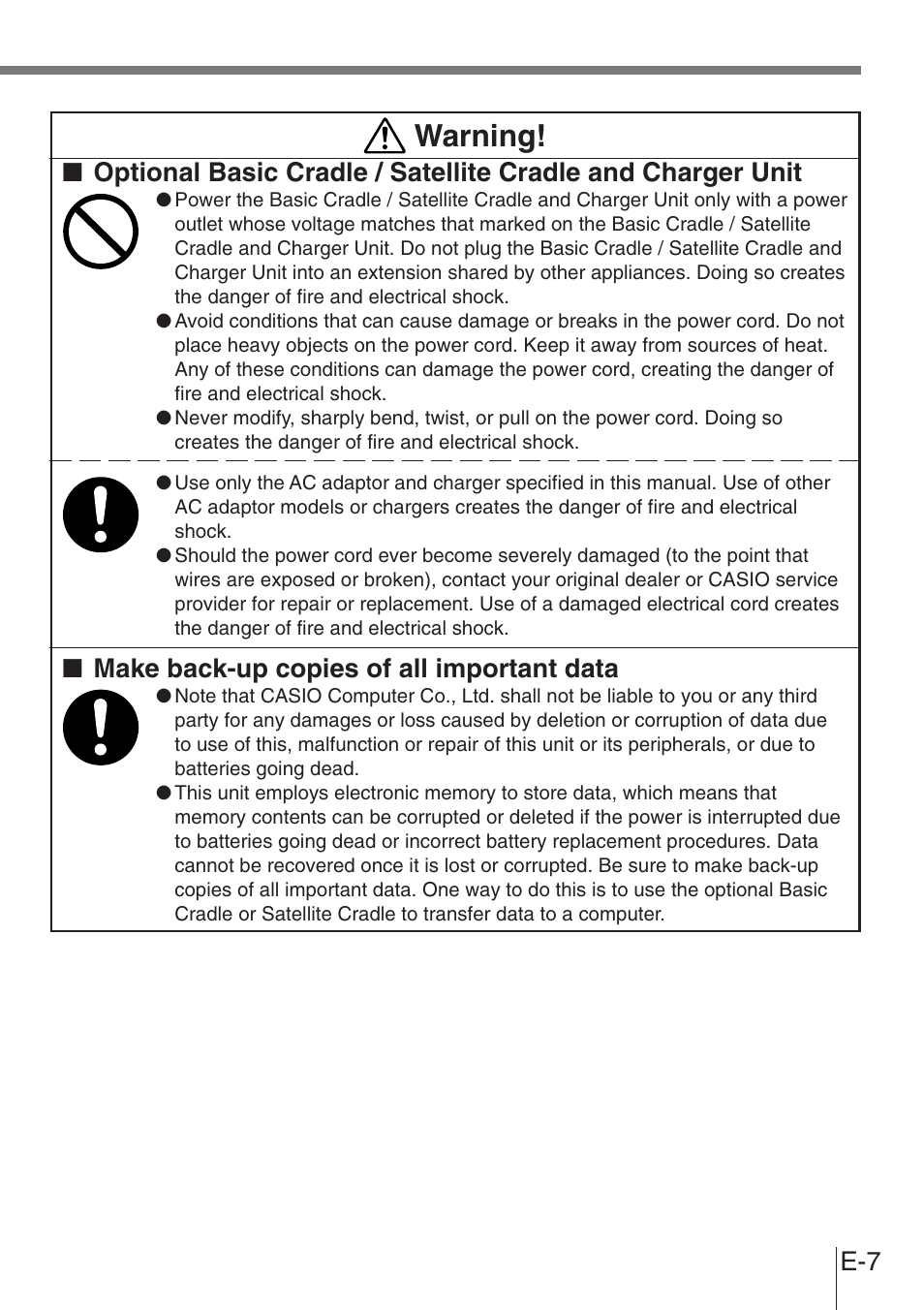 Warning, Make back-up copies of all important data | Casio DT-900 User Manual | Page 5 / 53