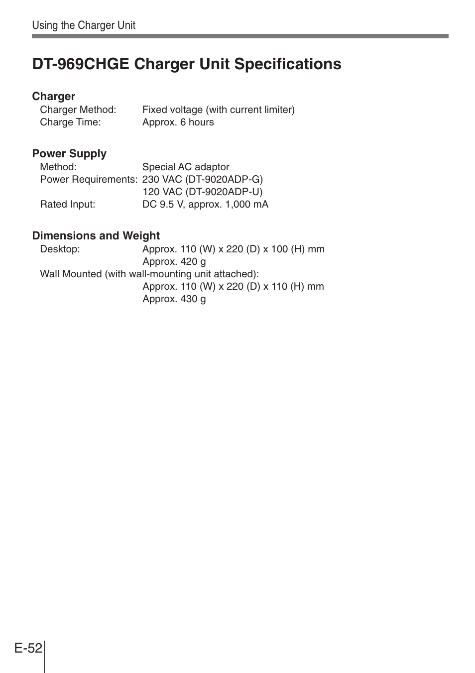 Dt-969chge charger unit specifications, E-52 | Casio DT-900 User Manual | Page 50 / 53