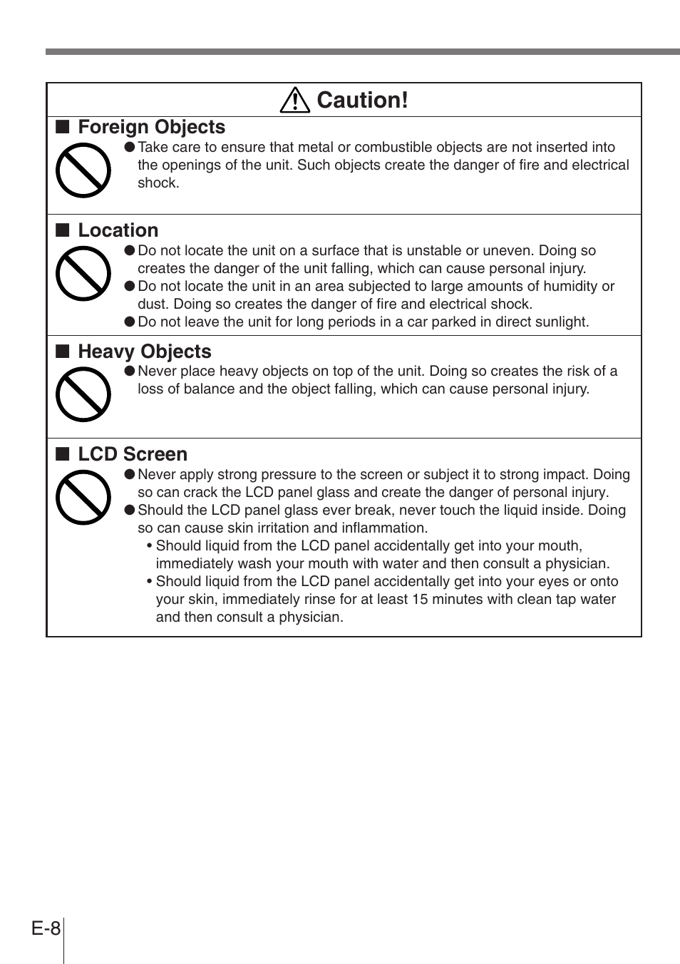 Caution, Foreign objects, Location | Heavy objects, Lcd screen | Casio DT-900 User Manual | Page 6 / 53