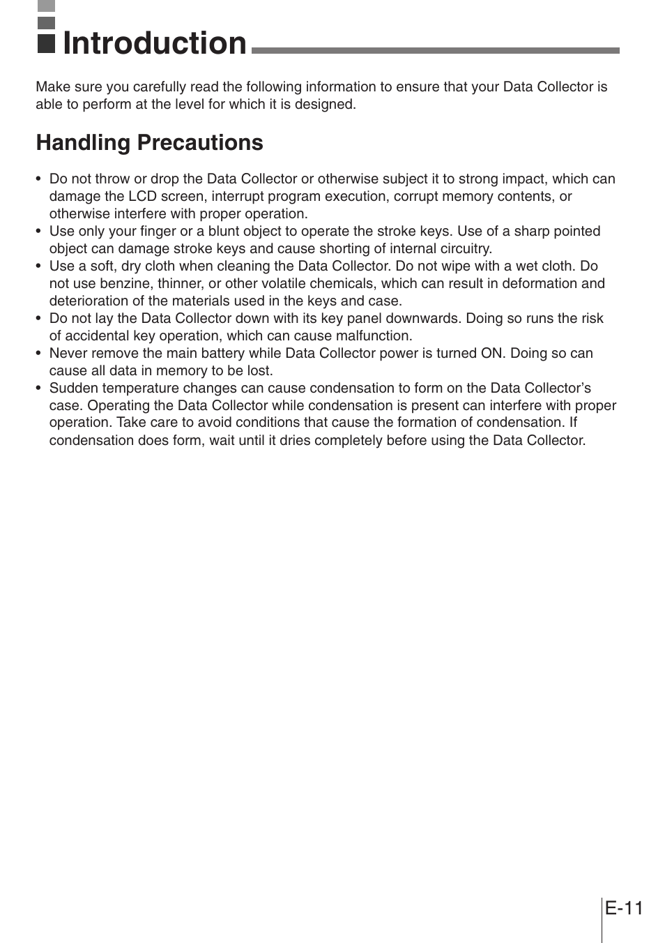 Introduction, Handling precautions, E-11 | Casio DT-900 User Manual | Page 9 / 53