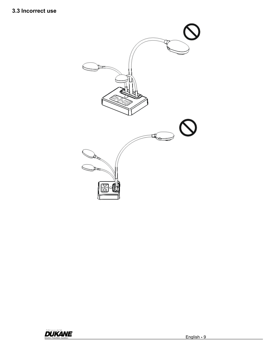 3 incorrect use | Dukane Visual Presenter Camera 445 User Manual | Page 10 / 32