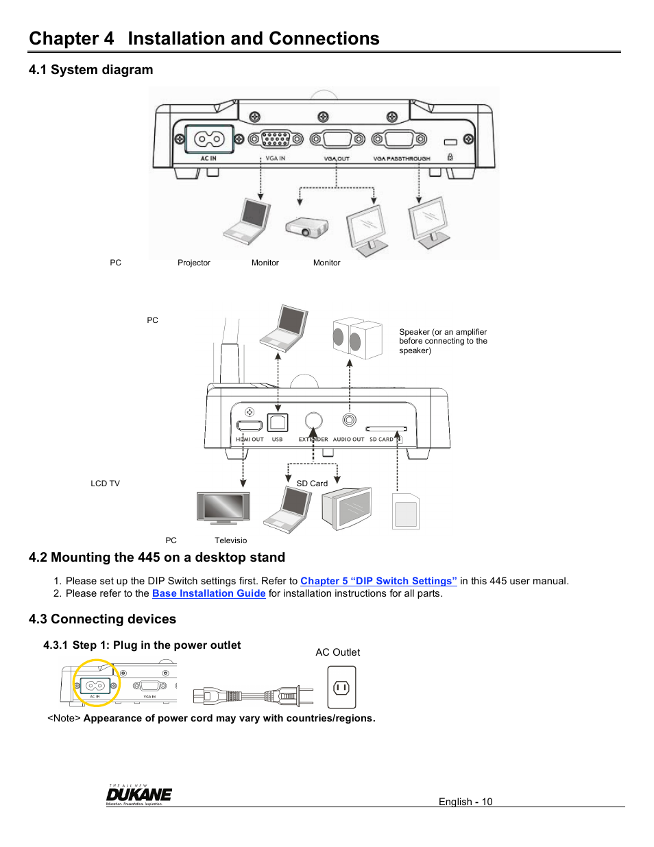 Chapter 4 installation and connections, 1 system diagram, 2 mounting the 445 on a desktop stand | 3 connecting devices | Dukane Visual Presenter Camera 445 User Manual | Page 11 / 32