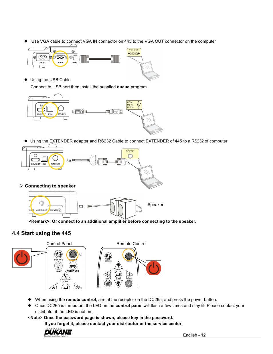 4 start using the 445 | Dukane Visual Presenter Camera 445 User Manual | Page 13 / 32