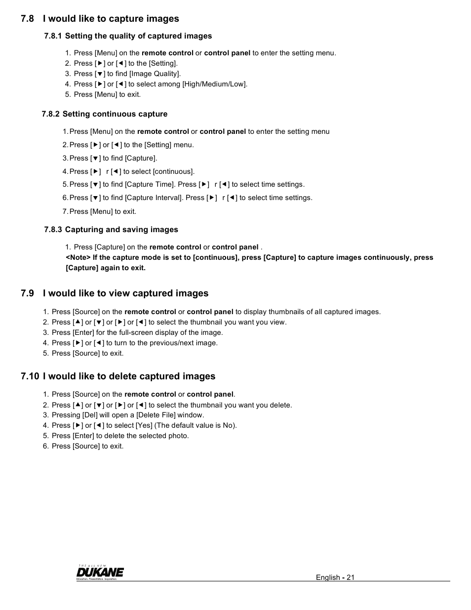 8 i would like to capture images, 9 i would like to view captured images, 10 i would like to delete captured images | Dukane Visual Presenter Camera 445 User Manual | Page 22 / 32
