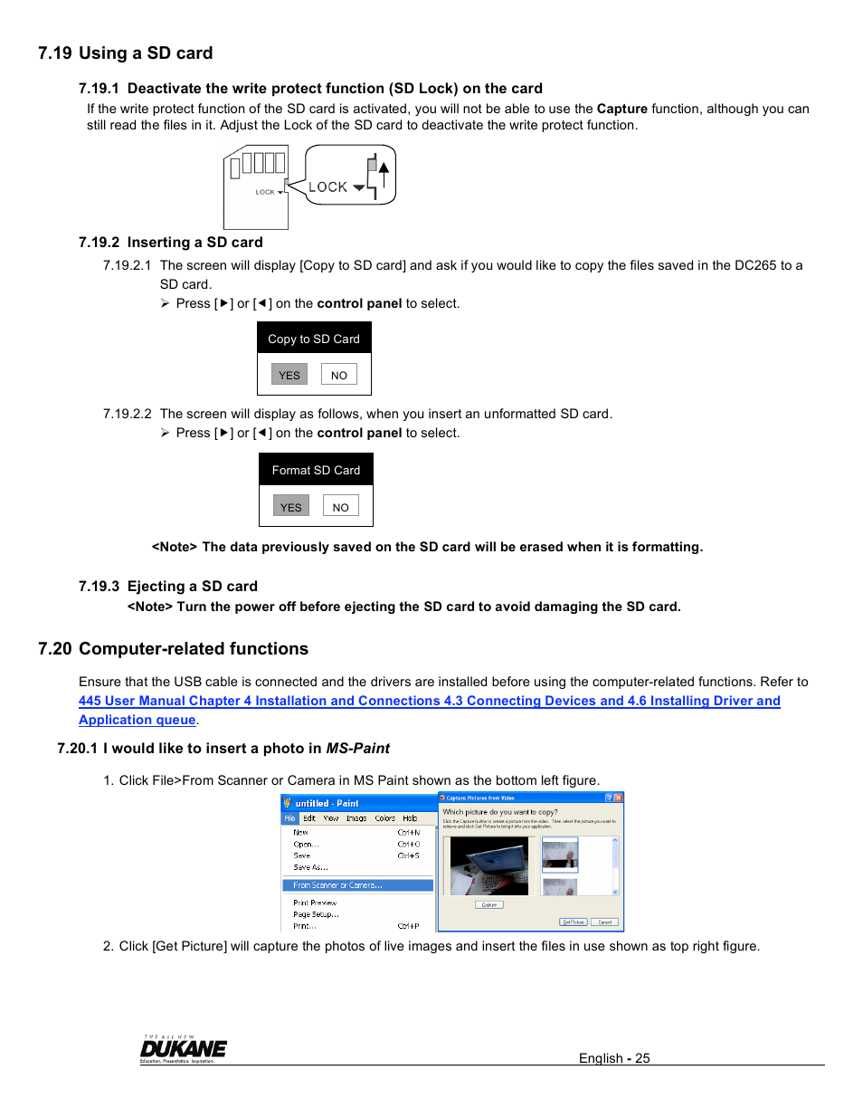 19 using a sd card, 20 computer-related functions | Dukane Visual Presenter Camera 445 User Manual | Page 26 / 32