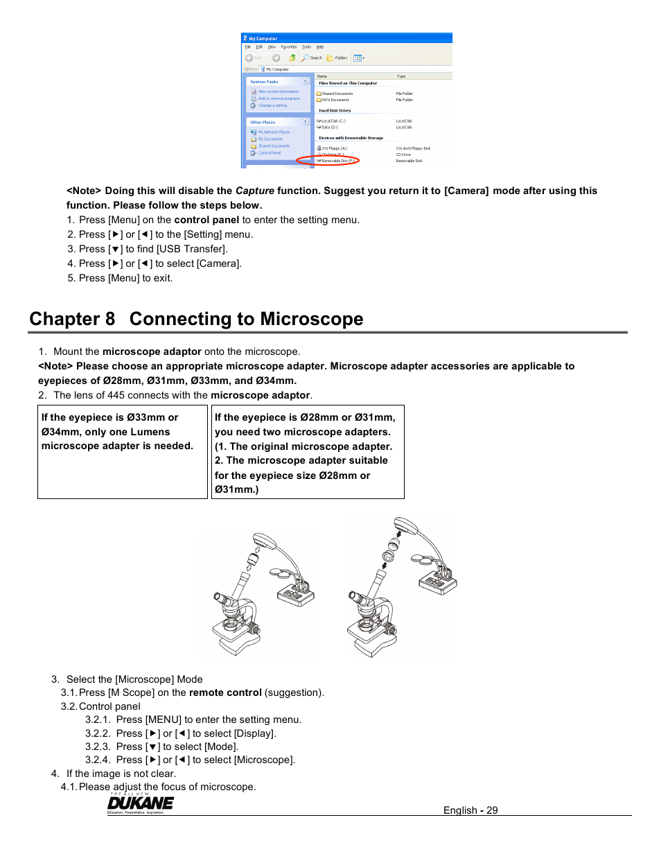 Chapter 8 connecting to microscope | Dukane Visual Presenter Camera 445 User Manual | Page 30 / 32