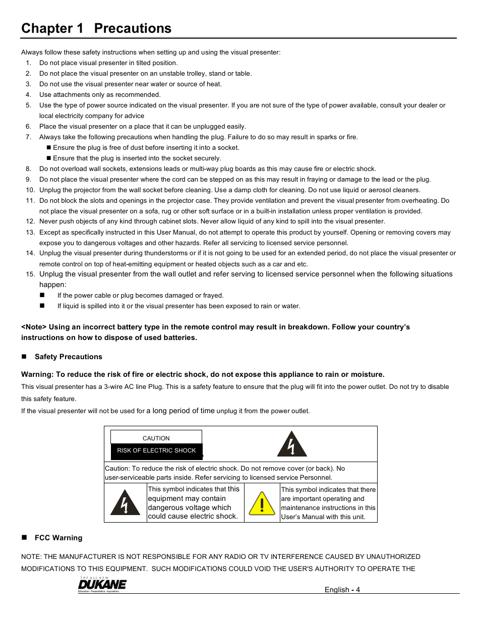 Chapter 1 precautions | Dukane Visual Presenter Camera 445 User Manual | Page 5 / 32