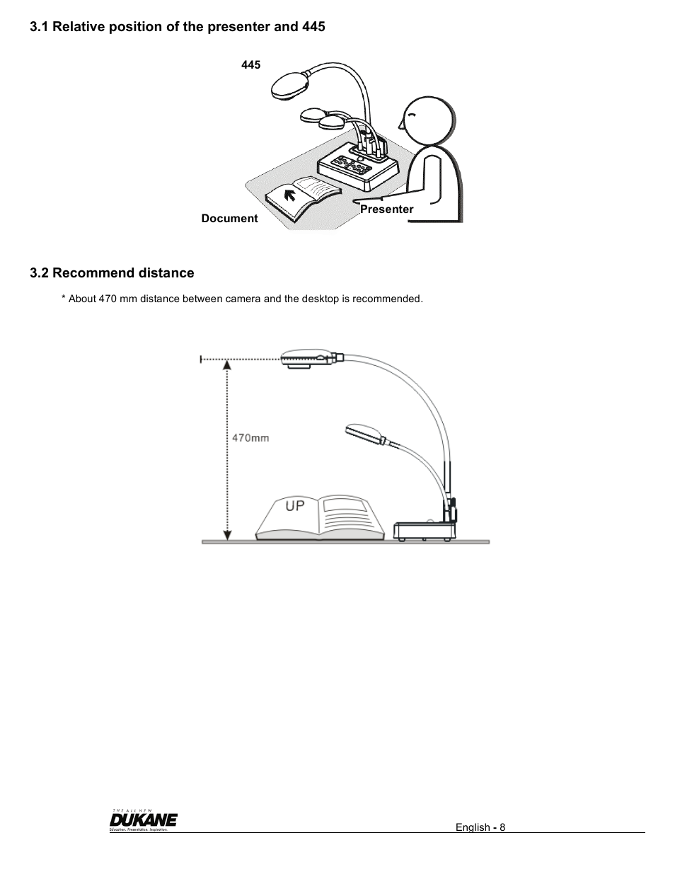 1 relative position of the presenter and 445, 2 recommend distance | Dukane Visual Presenter Camera 445 User Manual | Page 9 / 32