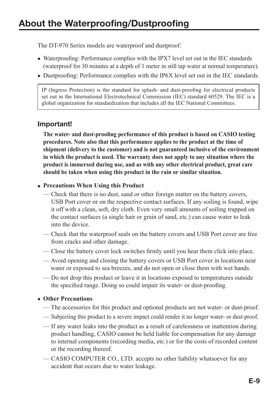 About the waterproofi ng/dustproofi ng | Casio DT-970 User Manual | Page 11 / 40