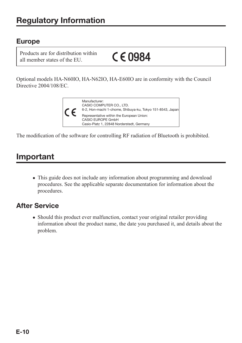 Regulatory information, Important | Casio DT-970 User Manual | Page 12 / 40