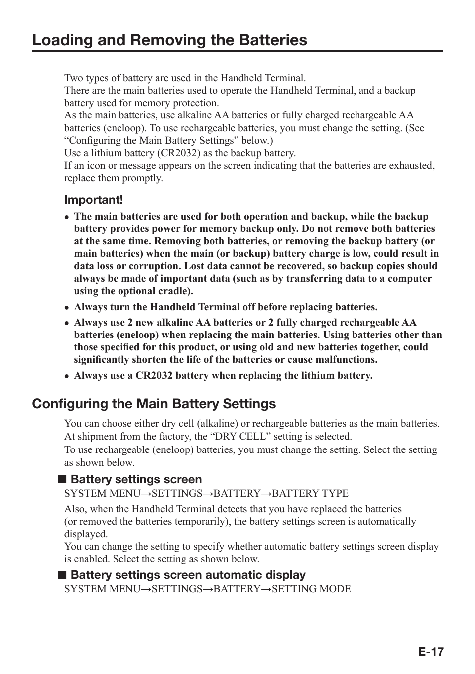 Loading and removing the batteries, Confi guring the main battery settings | Casio DT-970 User Manual | Page 19 / 40