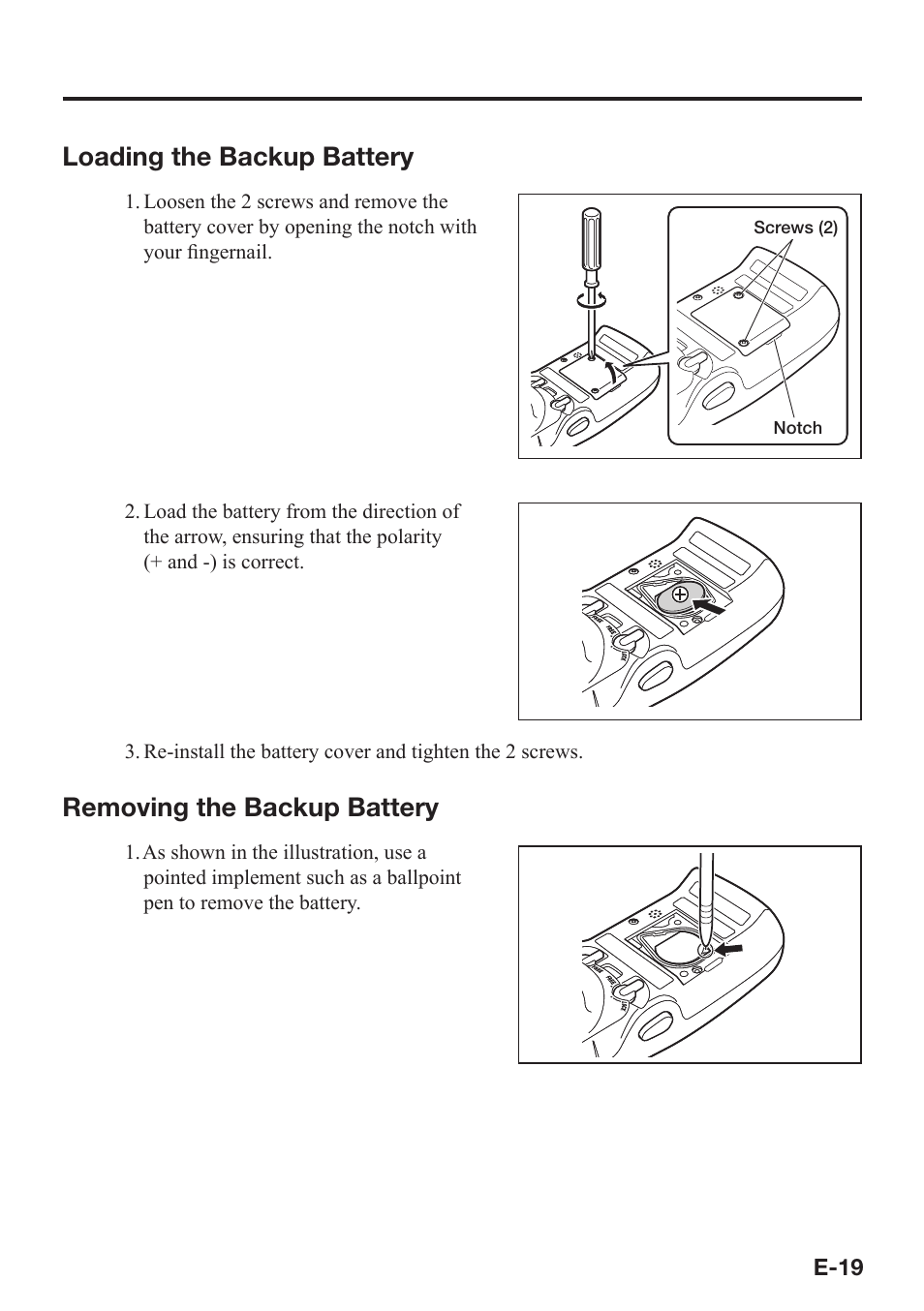 Loading the backup battery, Removing the backup battery | Casio DT-970 User Manual | Page 21 / 40