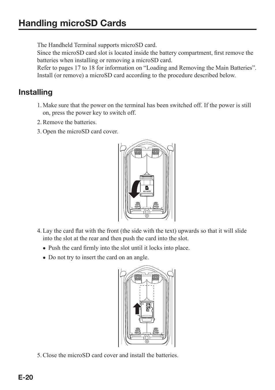 Handling microsd cards, Installing | Casio DT-970 User Manual | Page 22 / 40