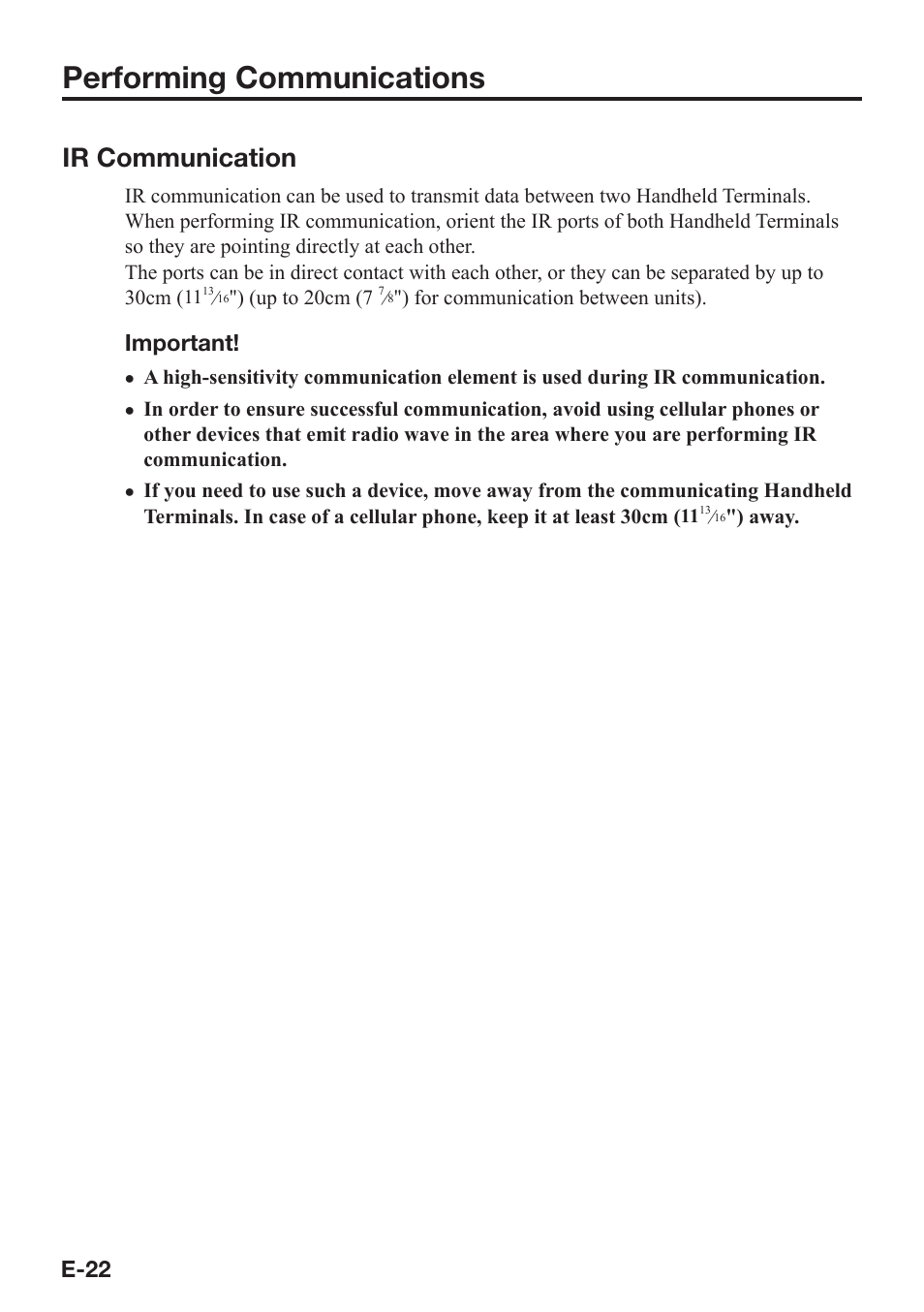 Performing communications, Ir communication, E-22 | Important | Casio DT-970 User Manual | Page 24 / 40