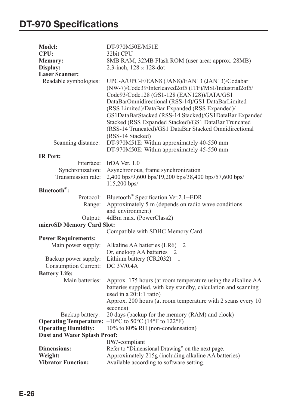 Dt-970 specifi cations | Casio DT-970 User Manual | Page 28 / 40