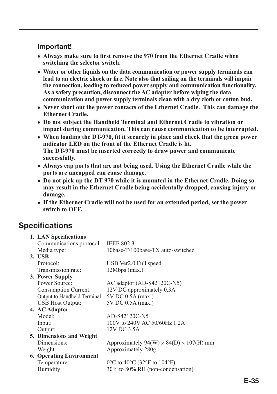 Specifi cations | Casio DT-970 User Manual | Page 37 / 40