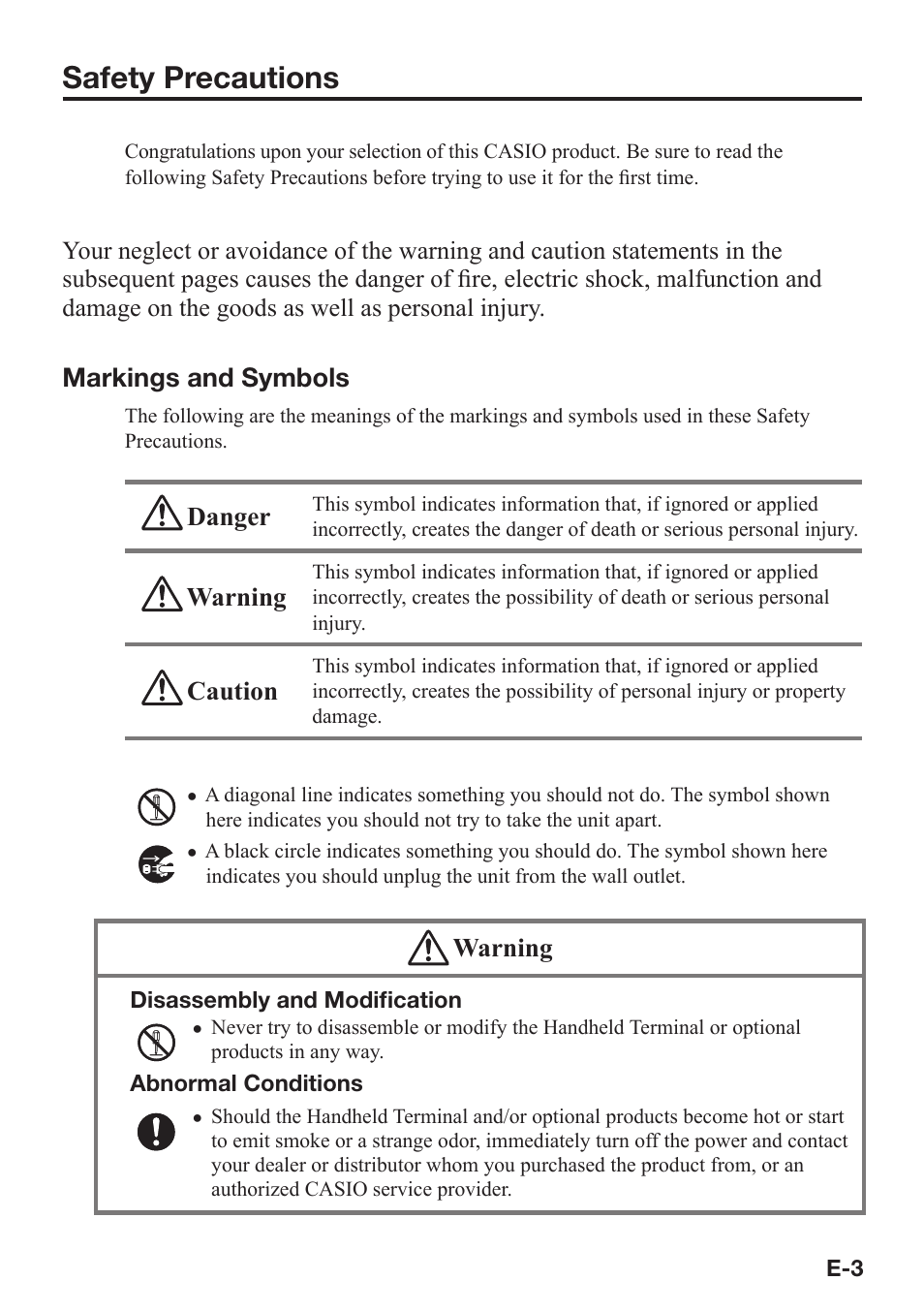 Safety precautions, Markings and symbols, Danger | Warning, Caution | Casio DT-970 User Manual | Page 5 / 40