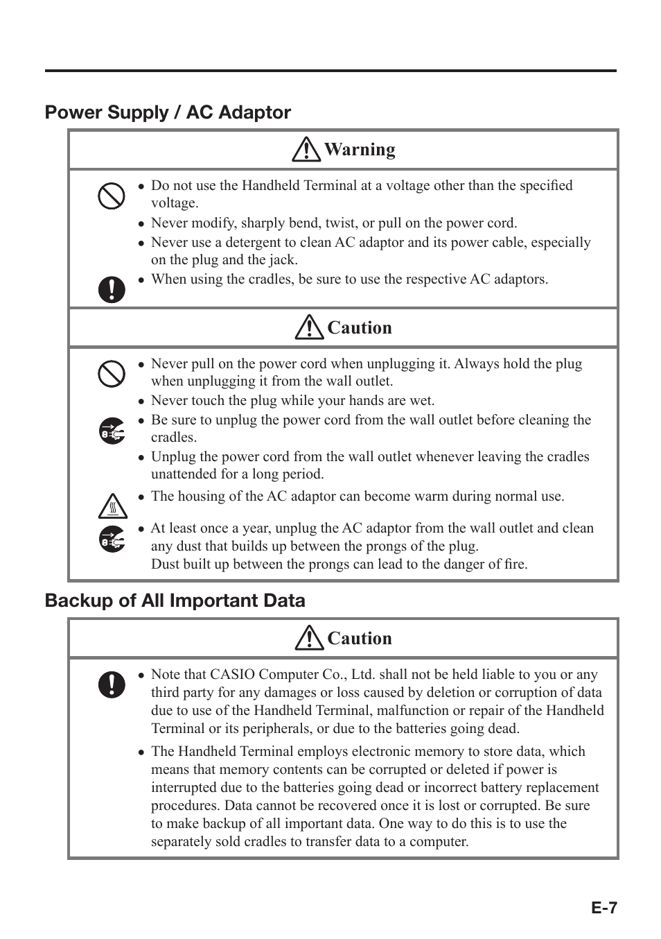 Power supply / ac adaptor warning, Caution, Backup of all important data caution | Casio DT-970 User Manual | Page 9 / 40