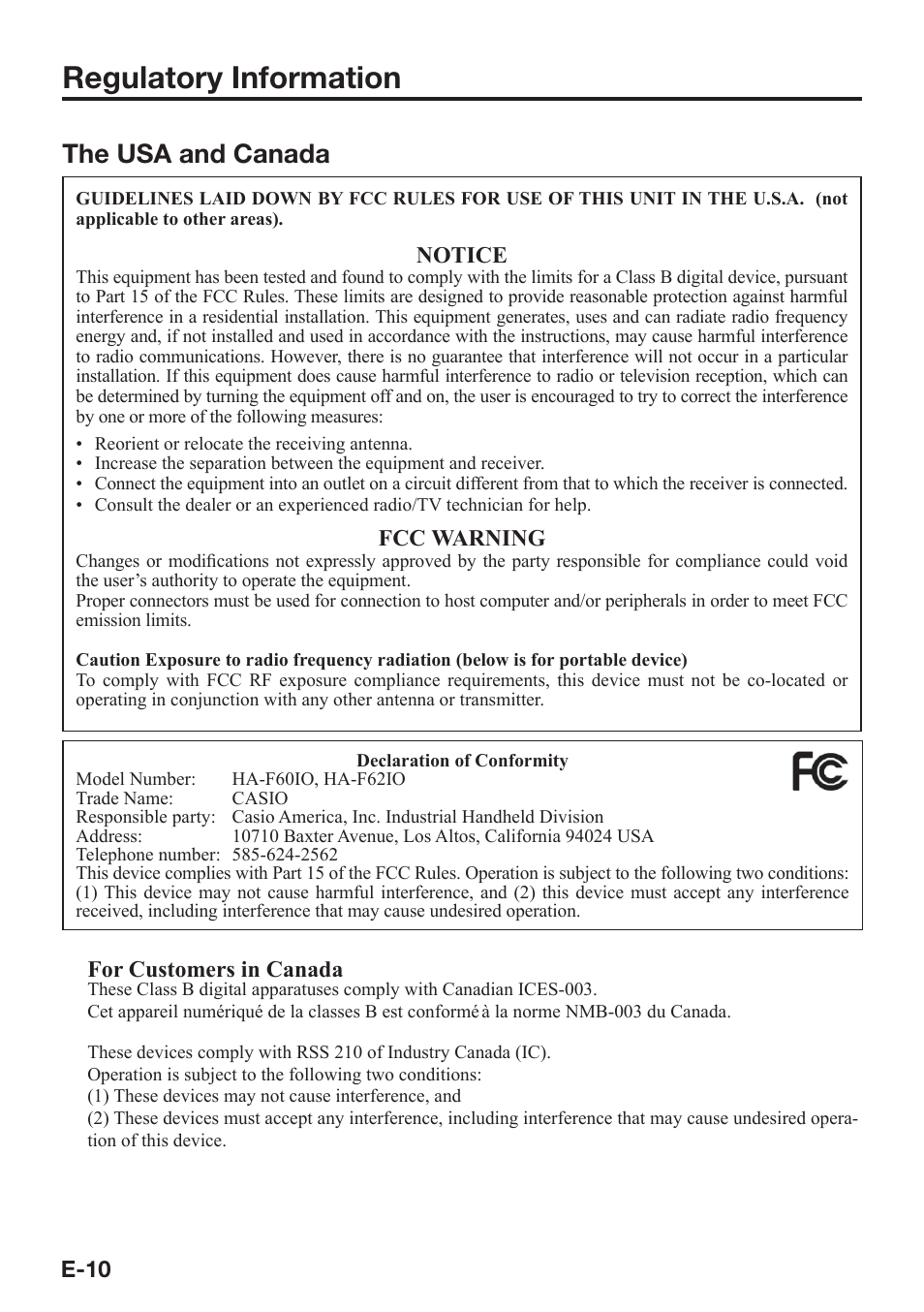 Regulatory information, The usa and canada | Casio DT-X7 User Manual | Page 12 / 75