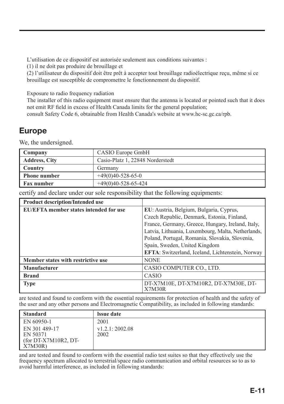 Europe, E-11 | Casio DT-X7 User Manual | Page 13 / 75