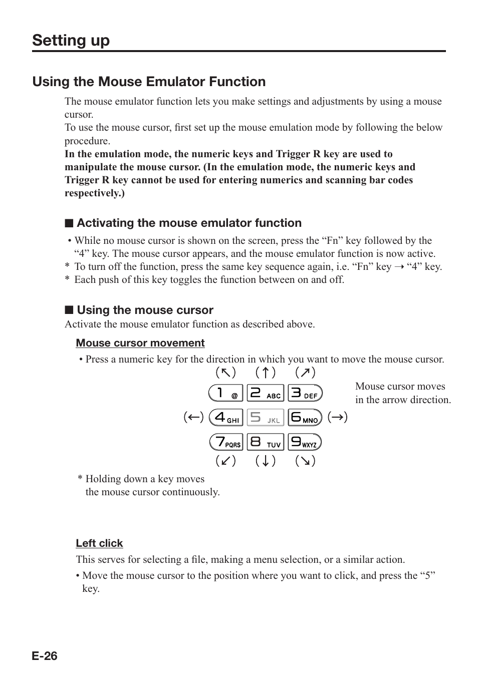 Setting up, Using the mouse emulator function | Casio DT-X7 User Manual | Page 28 / 75