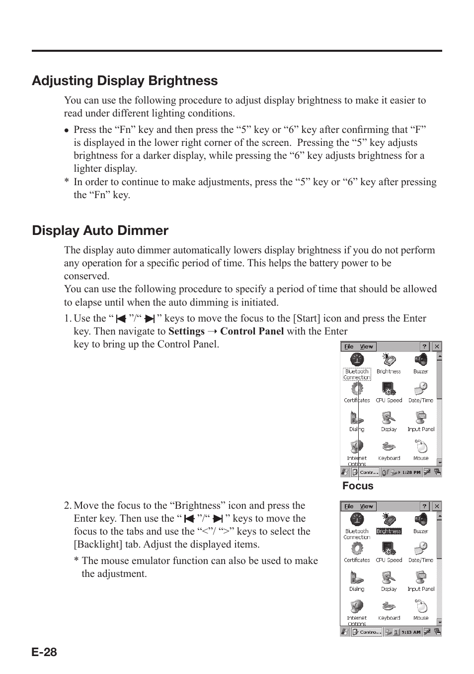 Adjusting display brightness, Display auto dimmer | Casio DT-X7 User Manual | Page 30 / 75