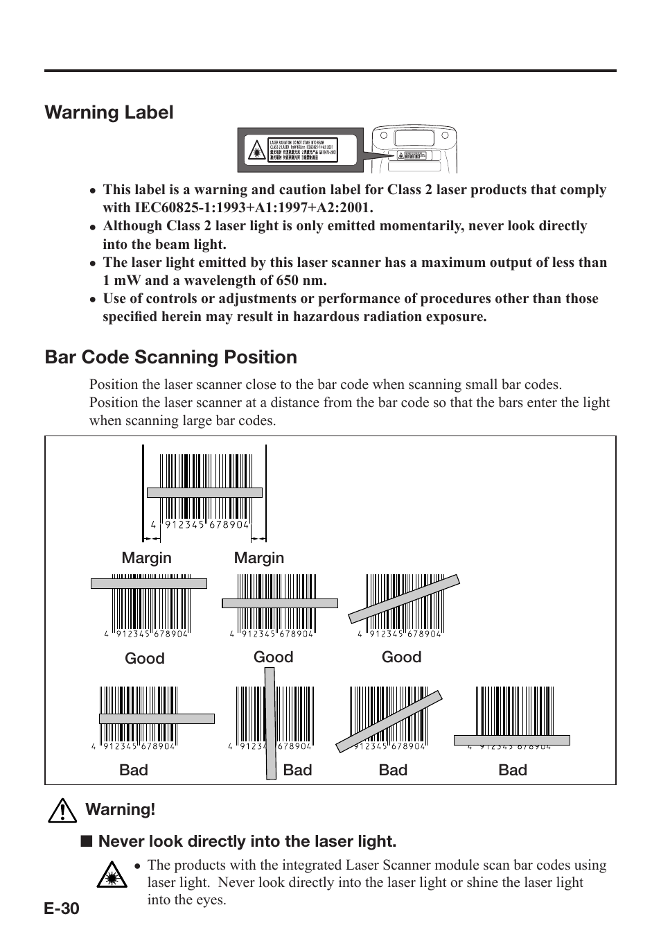 Warning label, Bar code scanning position | Casio DT-X7 User Manual | Page 32 / 75