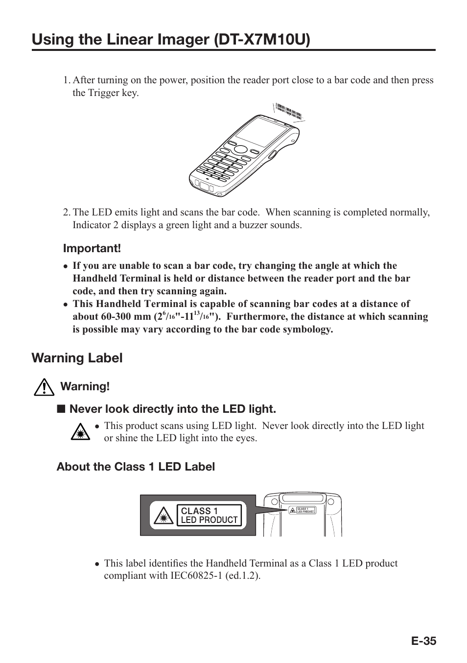 Using the linear imager (dt-x7m10u), Warning label | Casio DT-X7 User Manual | Page 37 / 75