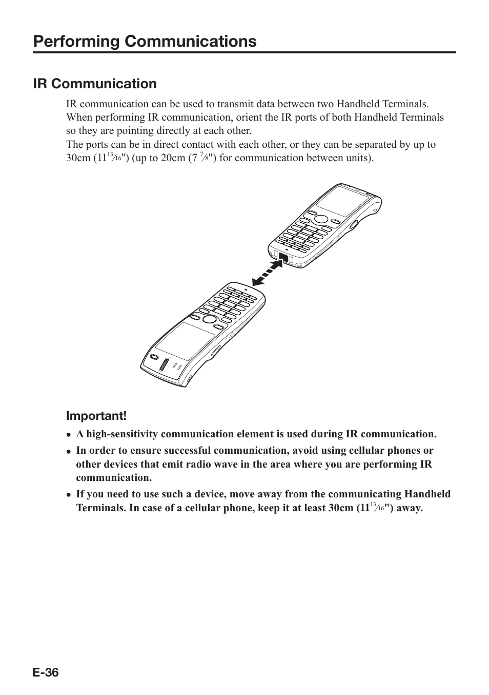 Performing communications, Ir communication, E-36 | Important | Casio DT-X7 User Manual | Page 38 / 75