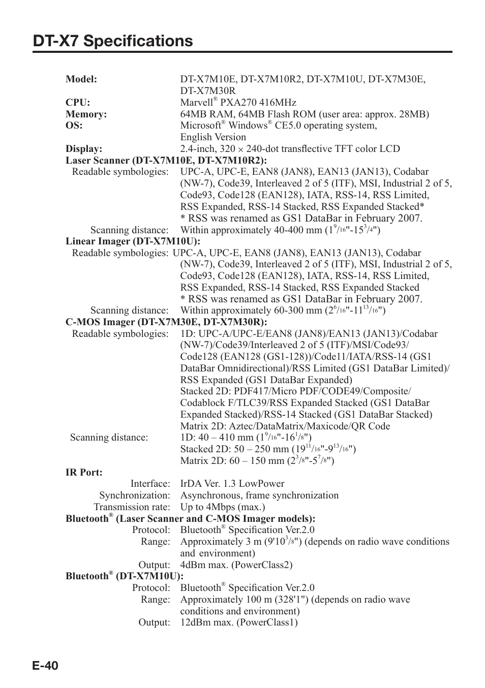 Dt-x7 specifi cations, E-40 | Casio DT-X7 User Manual | Page 42 / 75